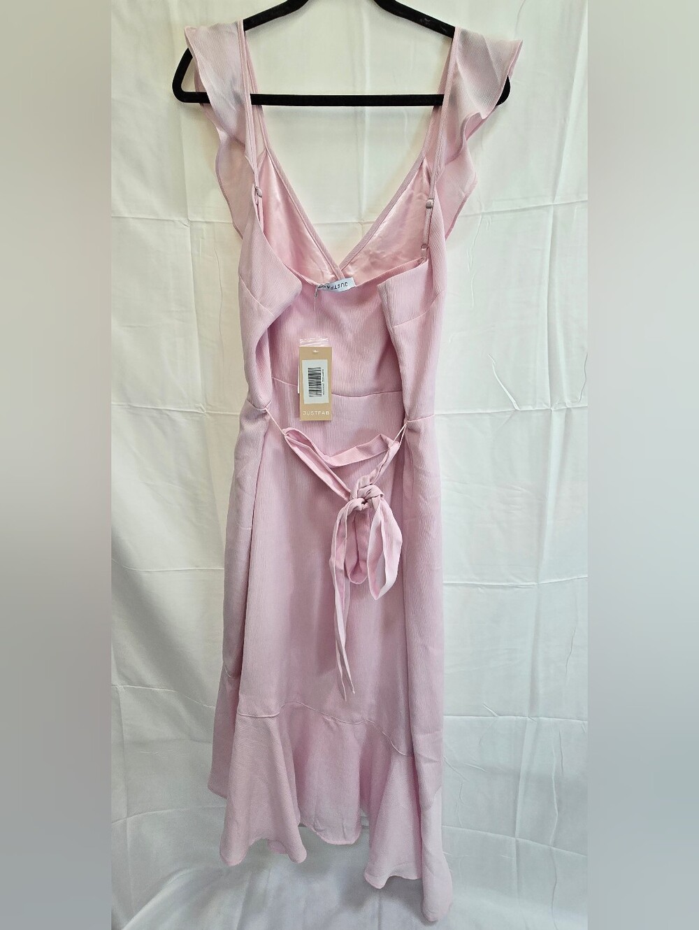 JustFab Pink Ruffle Wrap Midi Dress XL NWT Romantic Wedding Guest - Picture 2 of 7
